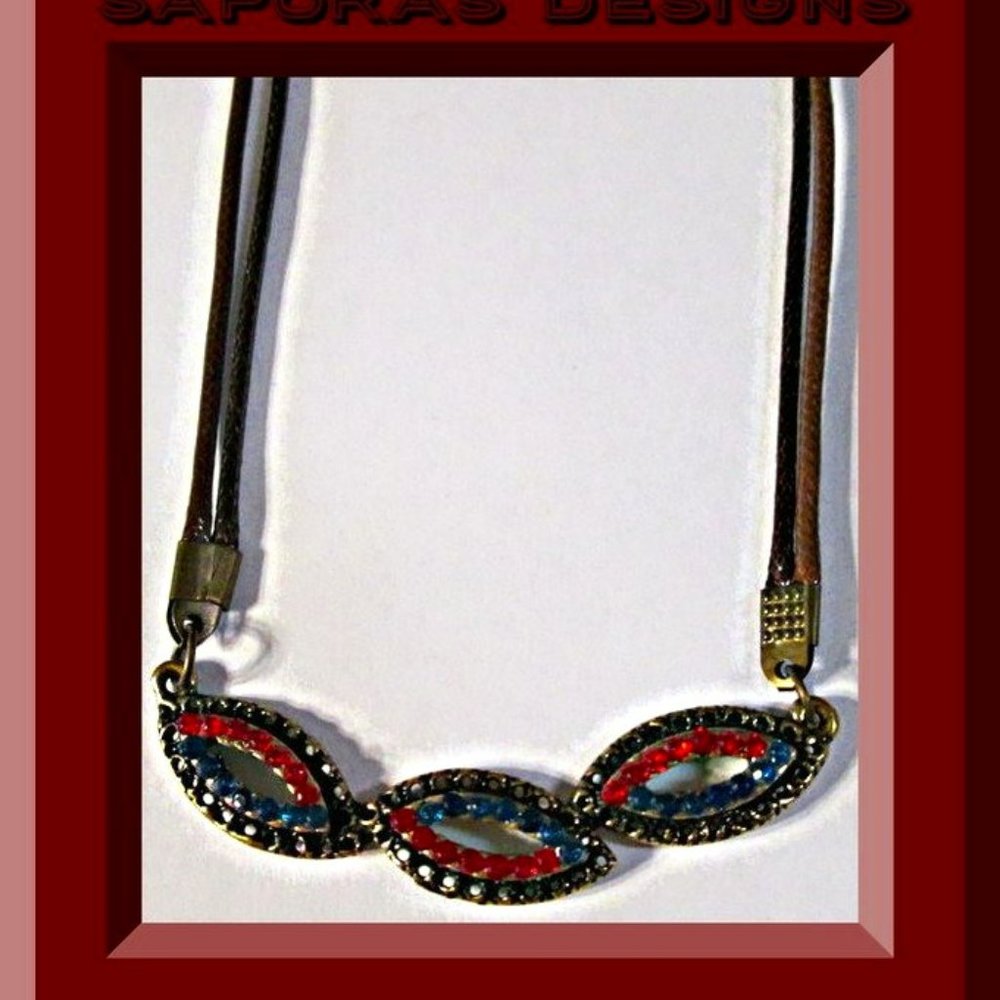 Antique Bronze In Color Necklace With Red & Blue Rhinestones & Brown Leather